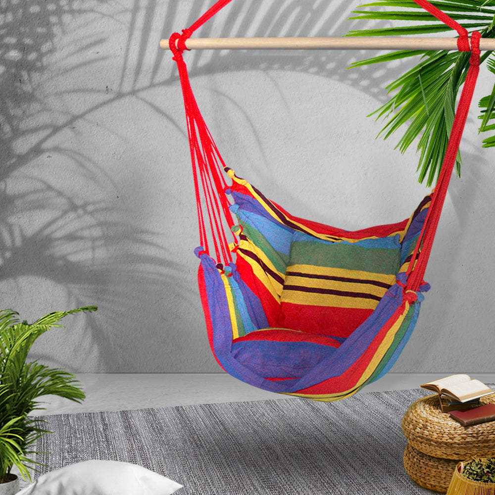 Hammocks & Accessories: Gardeon Hammock Chair Outdoor Camping Hanging Hammocks Cushion Pillow Rainbow