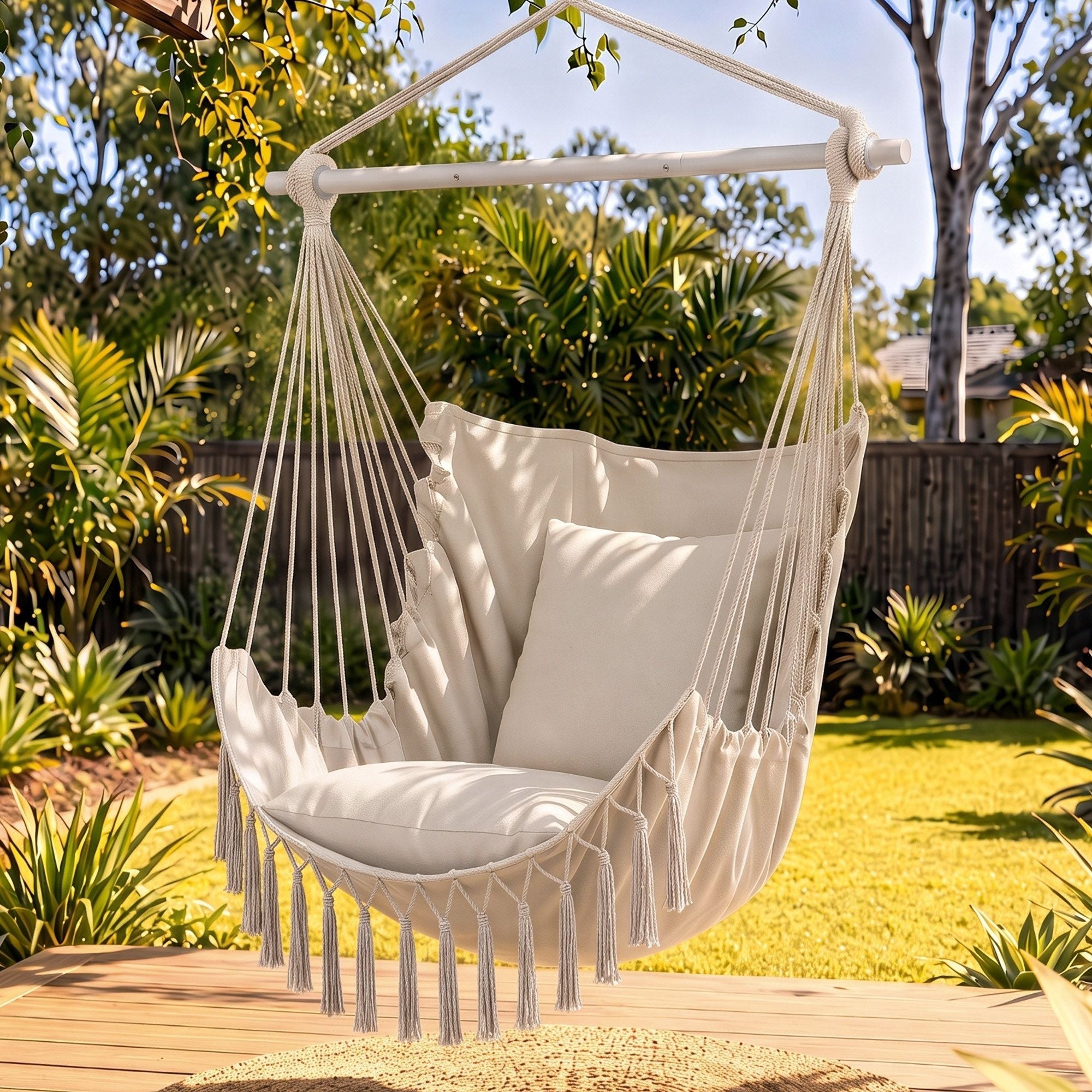 Gardeon Hammock Chair Camping Macrame Hanging Swing Cushions Metal Bar Cream
