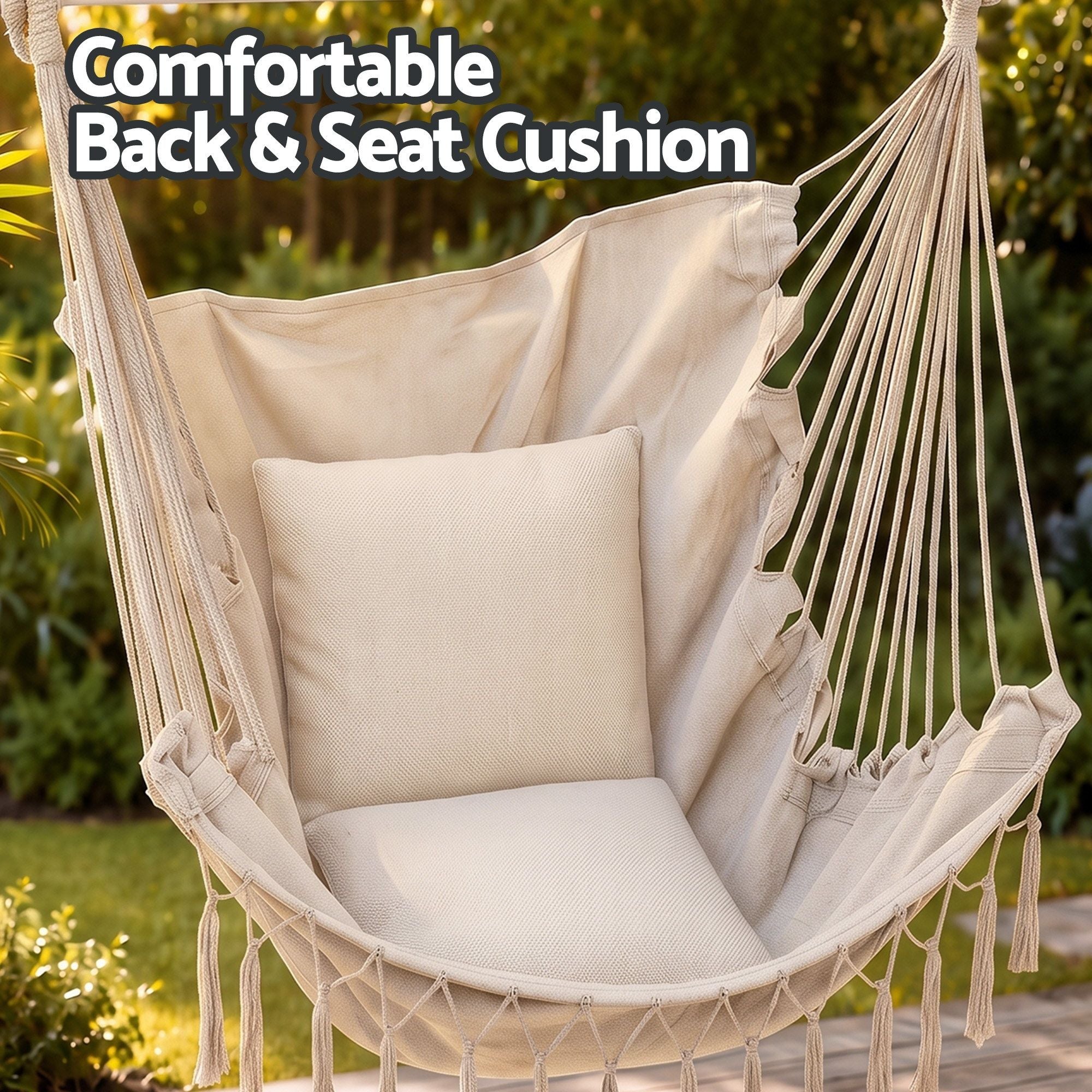 Gardeon Hammock Chair Camping Macrame Hanging Swing Cushions Metal Bar Cream