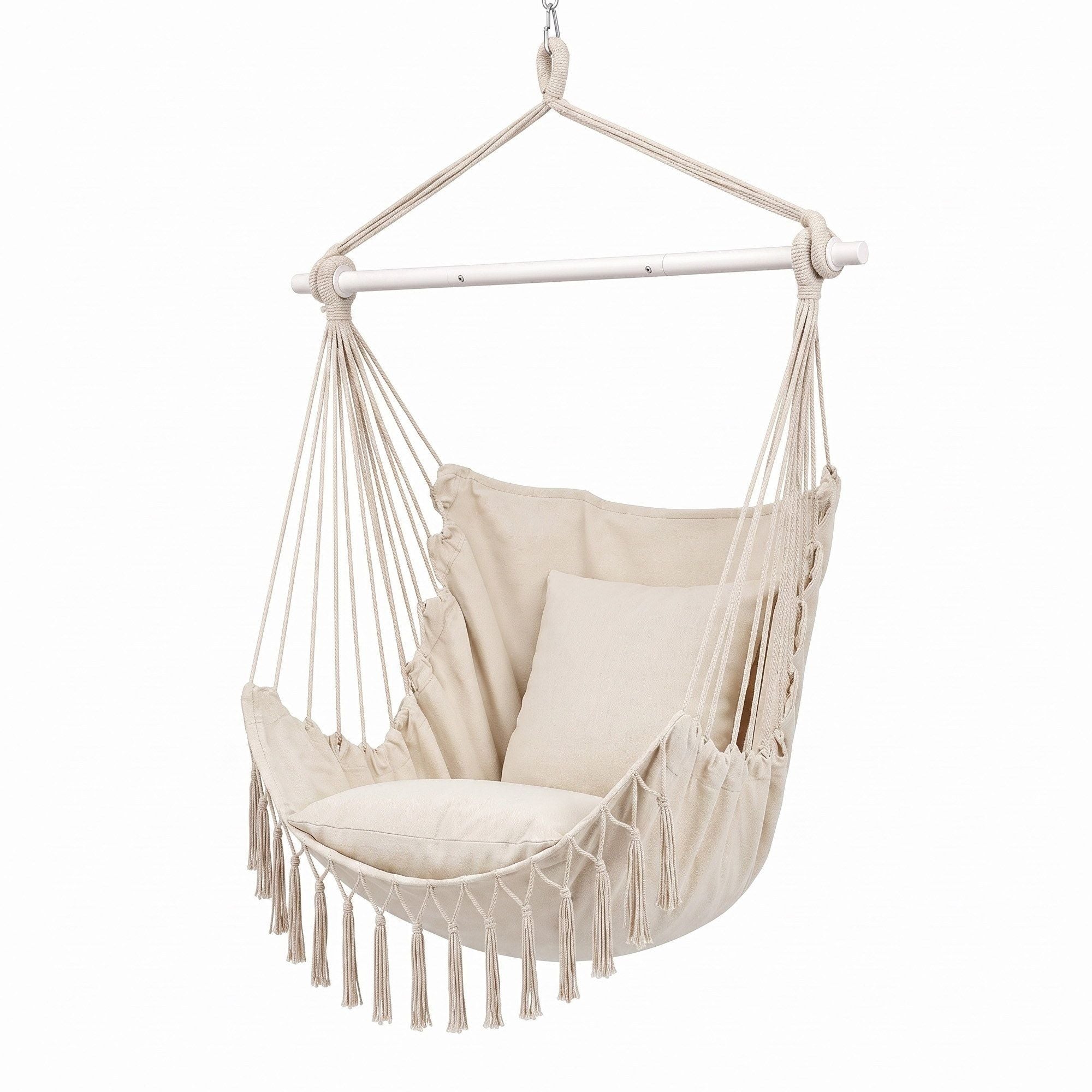 Gardeon Hammock Chair Camping Macrame Hanging Swing Cushions Metal Bar Cream