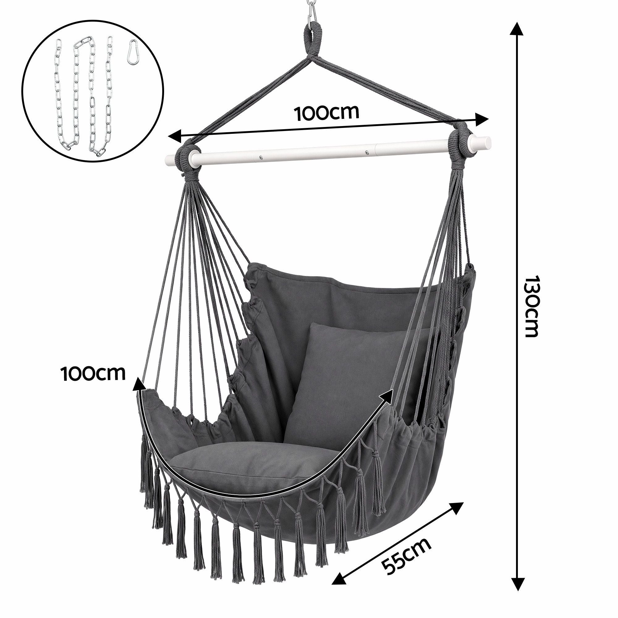 Gardeon Hammock Chair Camping Macrame Hanging Swing Cushions Metal Bar Grey