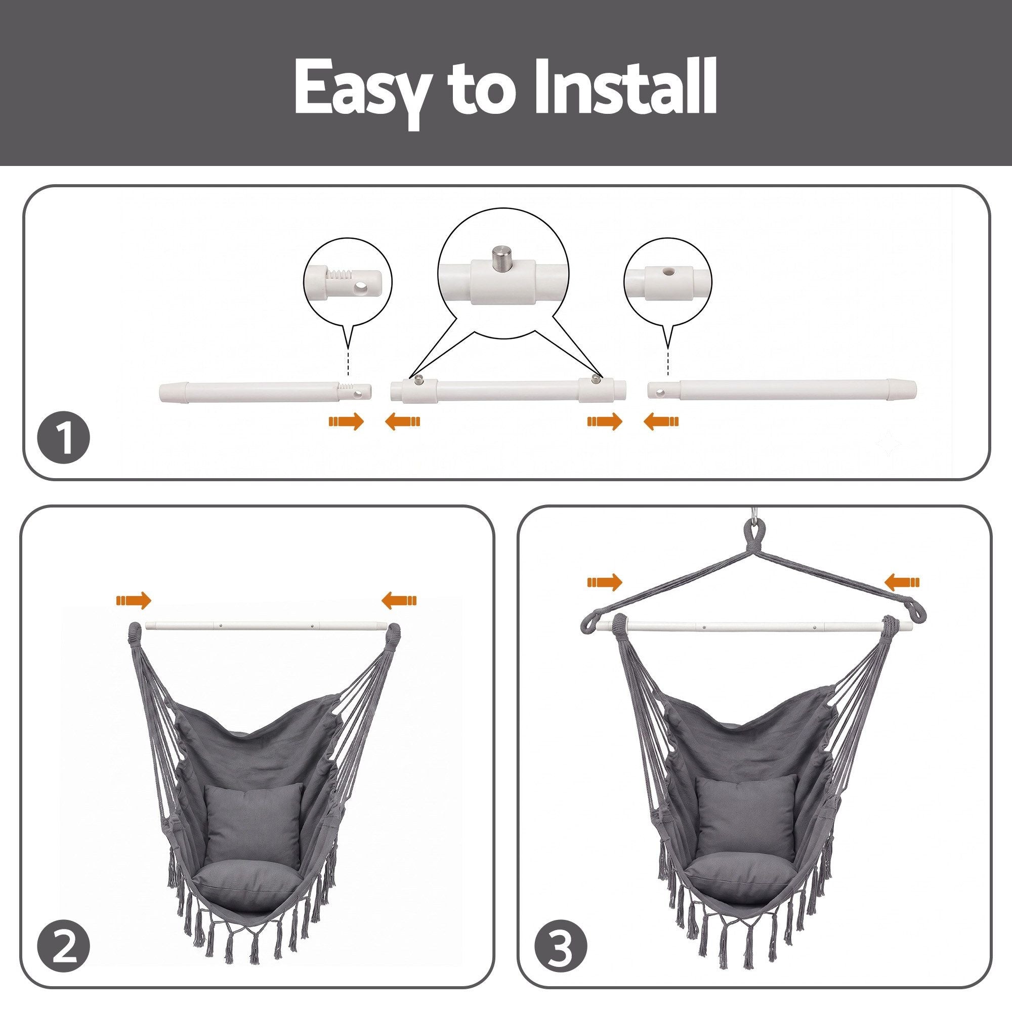 Gardeon Hammock Chair Camping Macrame Hanging Swing Cushions Metal Bar Grey