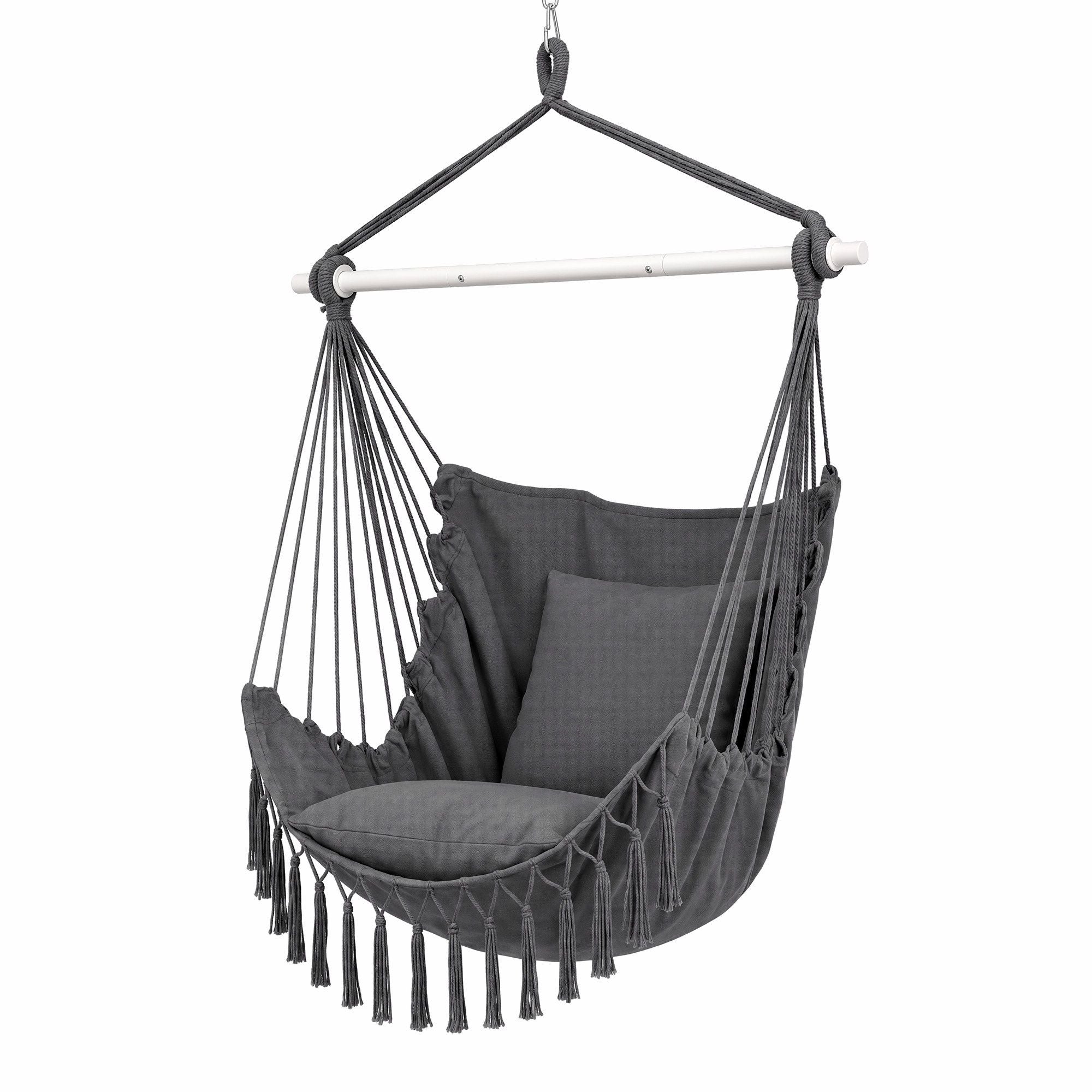 Gardeon Hammock Chair Camping Macrame Hanging Swing Cushions Metal Bar Grey