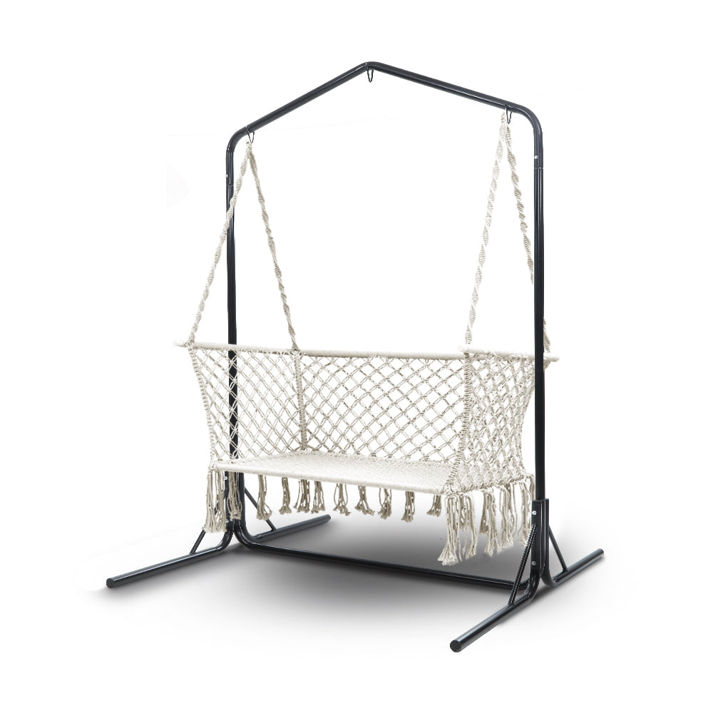 Outdoor Chairs: Gardeon Hammock Chair with Stand Macrame Outdoor Garden 2 Seater Cream
