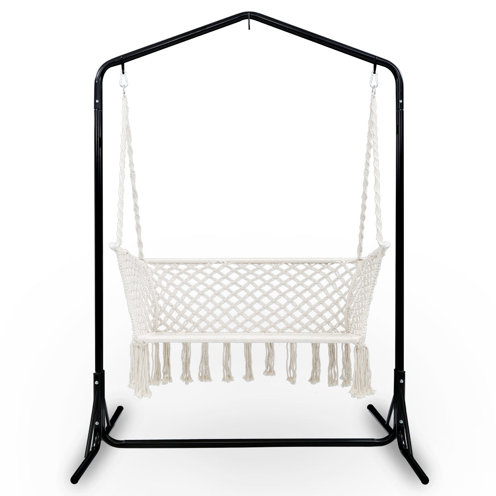 Outdoor Chairs: Gardeon Hammock Chair with Stand Macrame Outdoor Garden 2 Seater Cream