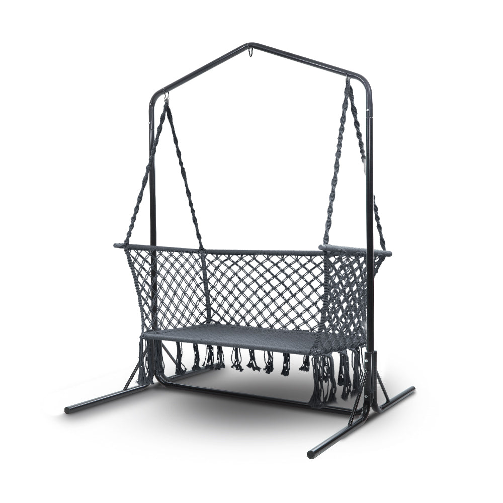 Outdoor Chairs: Gardeon Hammock Chair with Stand Macrame Outdoor Garden 2 Seater Grey