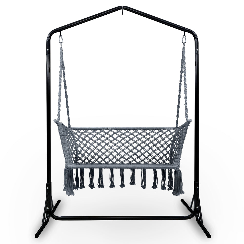 Outdoor Chairs: Gardeon Hammock Chair with Stand Macrame Outdoor Garden 2 Seater Grey