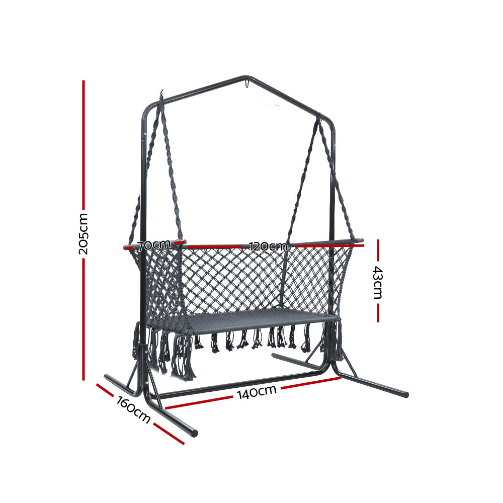 Outdoor Chairs: Gardeon Hammock Chair with Stand Macrame Outdoor Garden 2 Seater Grey