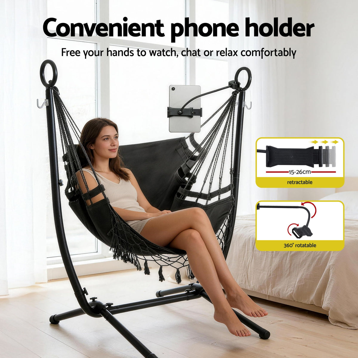Gardeon Hammock Chair Stand Iron Frame w/ Phone Holder Black