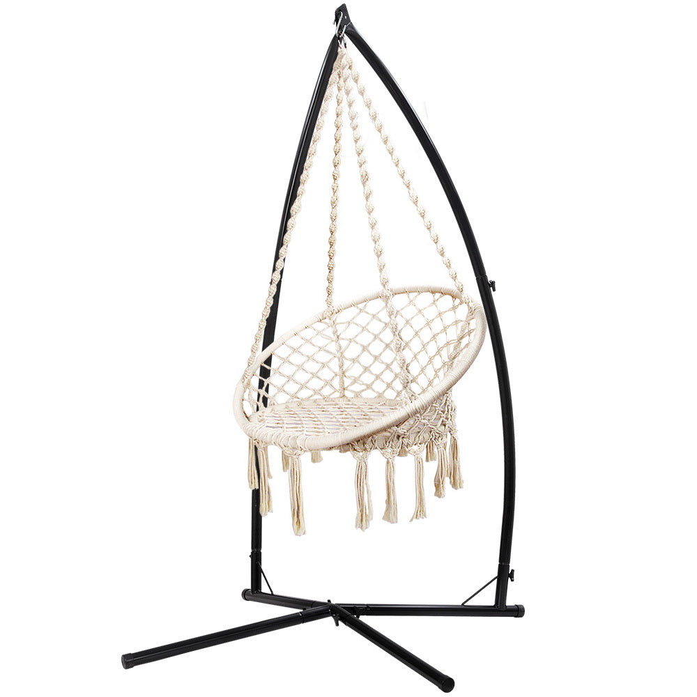 Outdoor Chairs: Gardeon Hammock Chair with Steel Stand Macrame Outdoor Swinging Cream