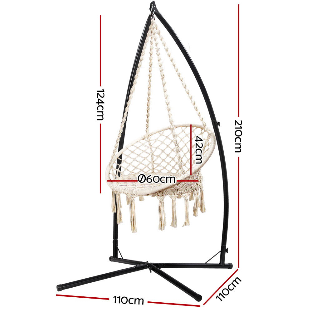Outdoor Chairs: Gardeon Hammock Chair with Steel Stand Macrame Outdoor Swinging Cream