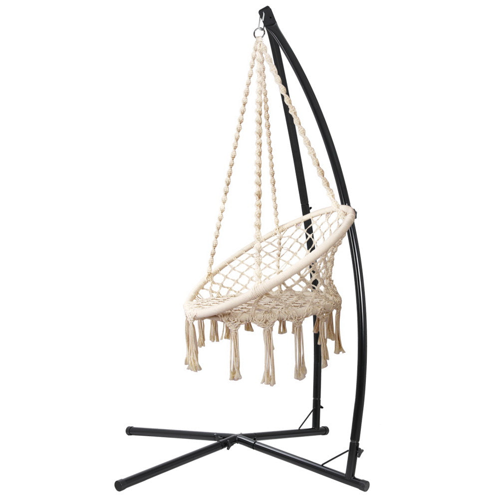 Outdoor Chairs: Gardeon Hammock Chair with Steel Stand Macrame Outdoor Swinging Cream