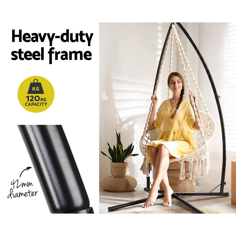 Outdoor Chairs: Gardeon Hammock Chair with Steel Stand Macrame Outdoor Swinging Cream