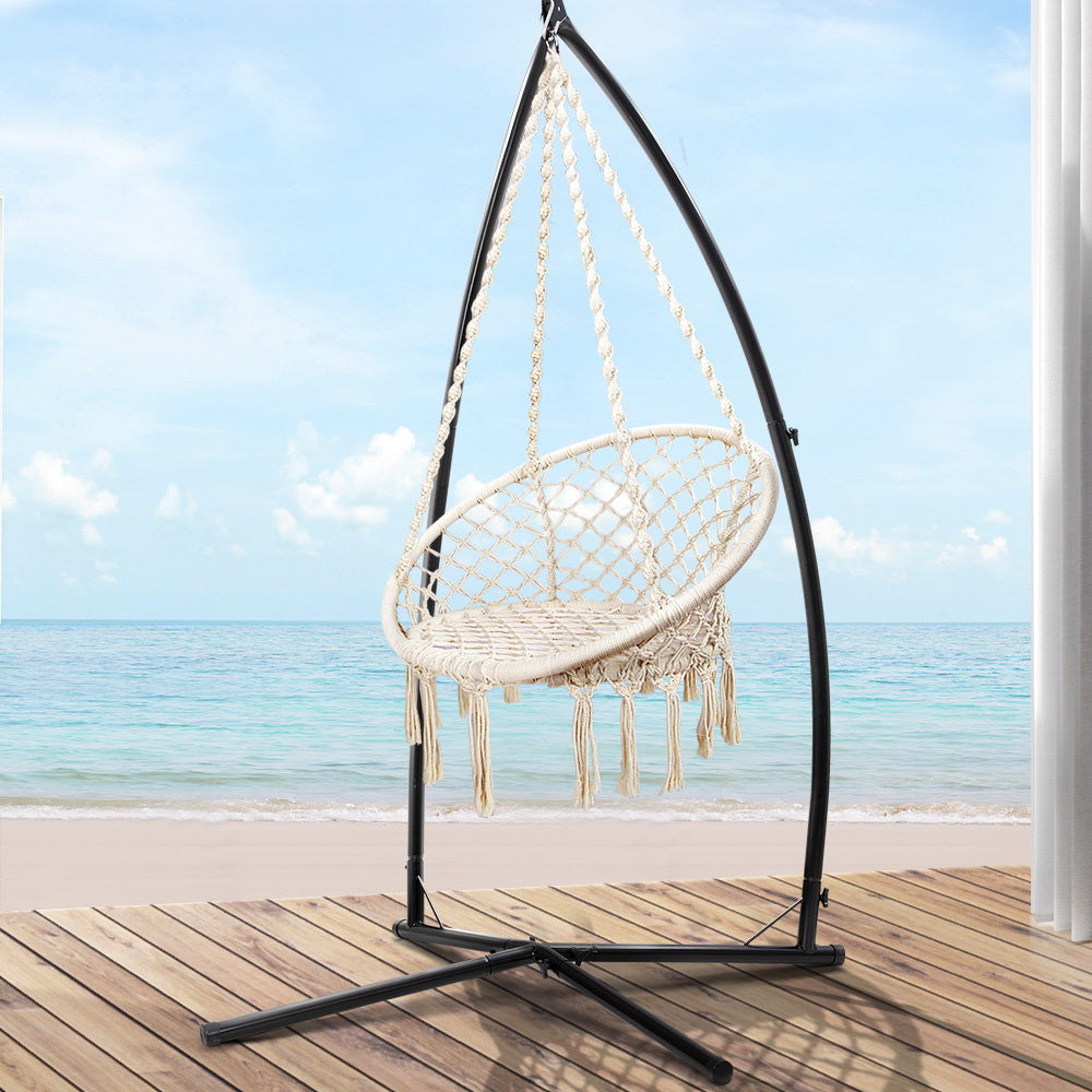 Outdoor Chairs: Gardeon Hammock Chair with Steel Stand Macrame Outdoor Swinging Cream