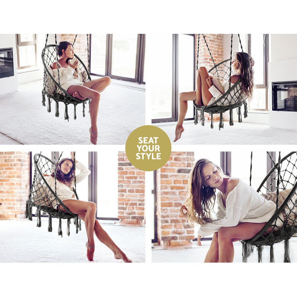 Hammocks & Accessories: Gardeon Hammock Chair Outdoor Hanging Macrame Cotton Indoor Grey