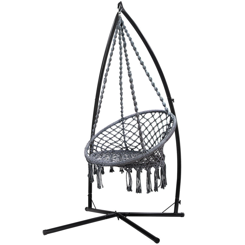 Outdoor Chairs: Gardeon Hammock Chair with Steel Stand Macrame Outdoor Swinging Grey