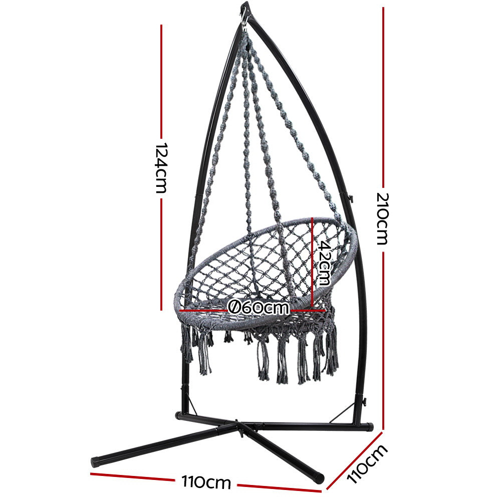 Outdoor Chairs: Gardeon Hammock Chair with Steel Stand Macrame Outdoor Swinging Grey
