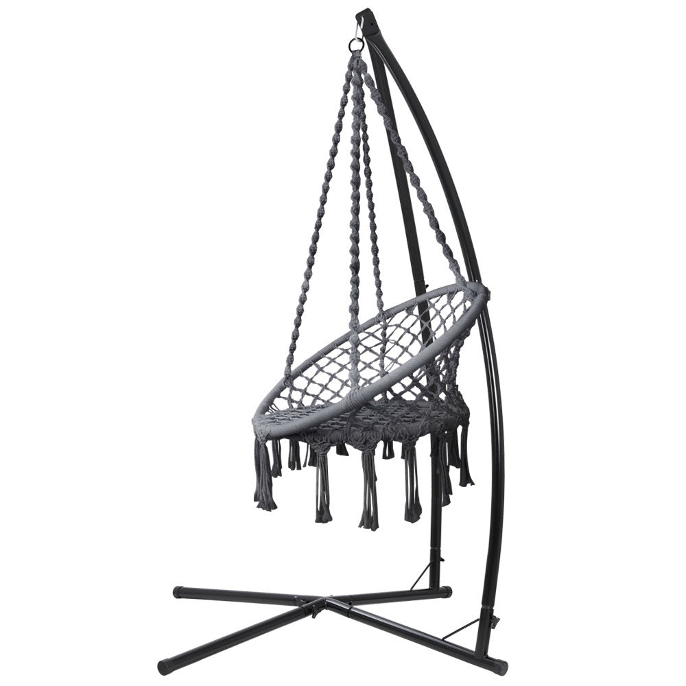 Outdoor Chairs: Gardeon Hammock Chair with Steel Stand Macrame Outdoor Swinging Grey