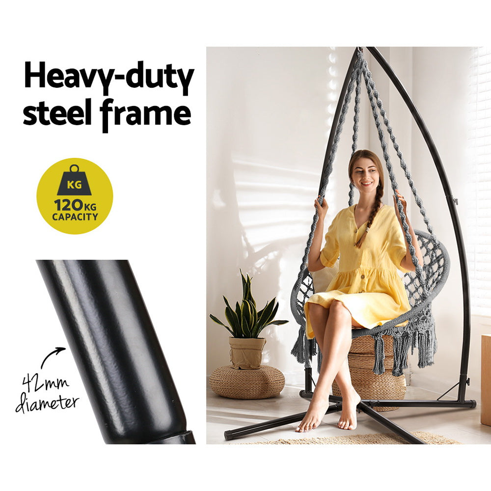 Outdoor Chairs: Gardeon Hammock Chair with Steel Stand Macrame Outdoor Swinging Grey