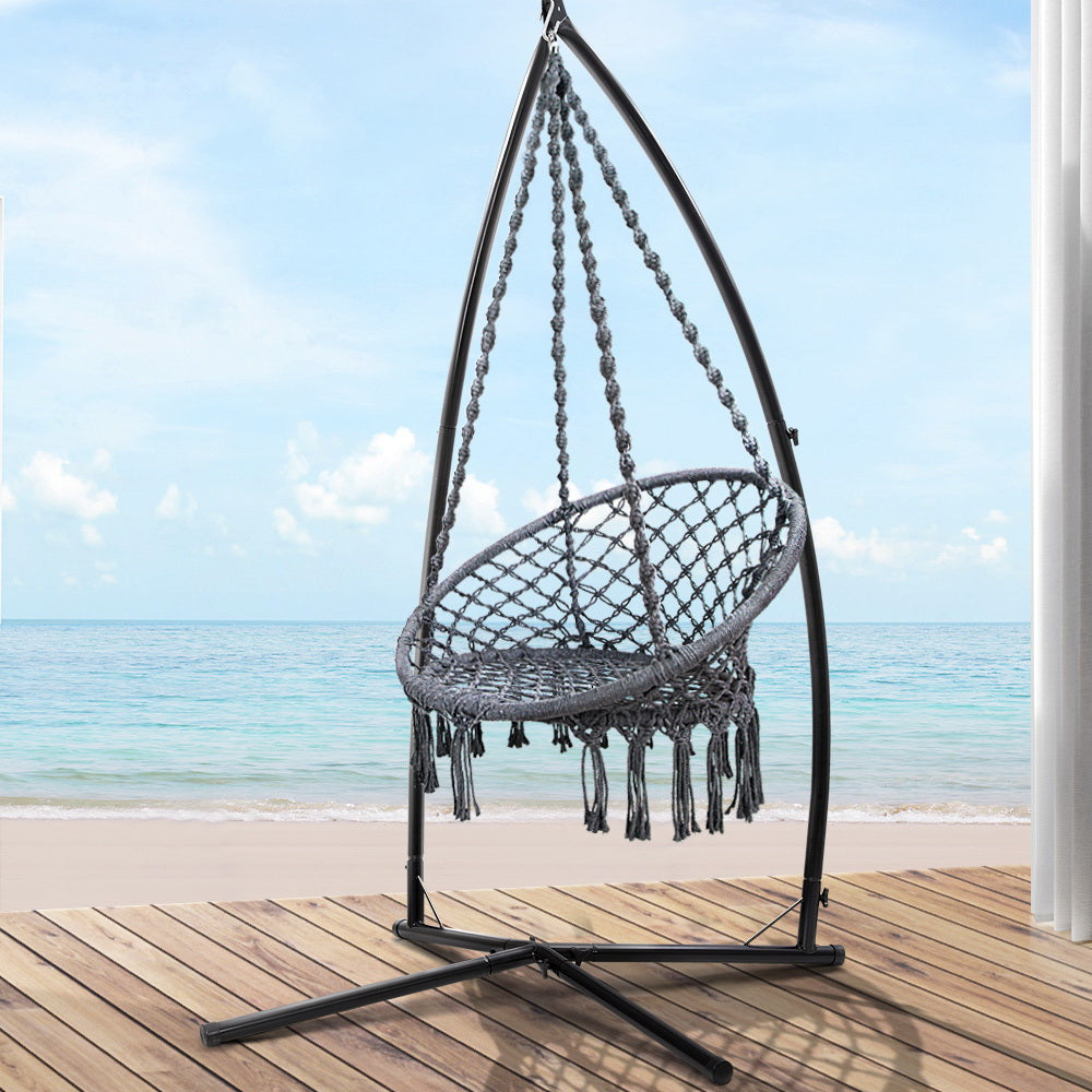 Outdoor Chairs: Gardeon Hammock Chair with Steel Stand Macrame Outdoor Swinging Grey