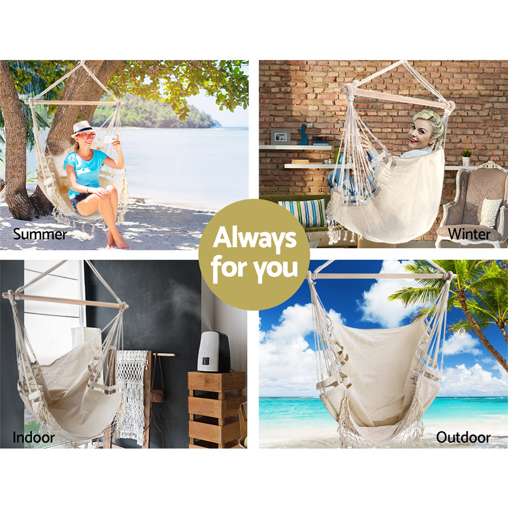 Hammocks & Accessories: Gardeon Hanging Hammock Chair Outdoor Swing Hammocks Tassel Cream
