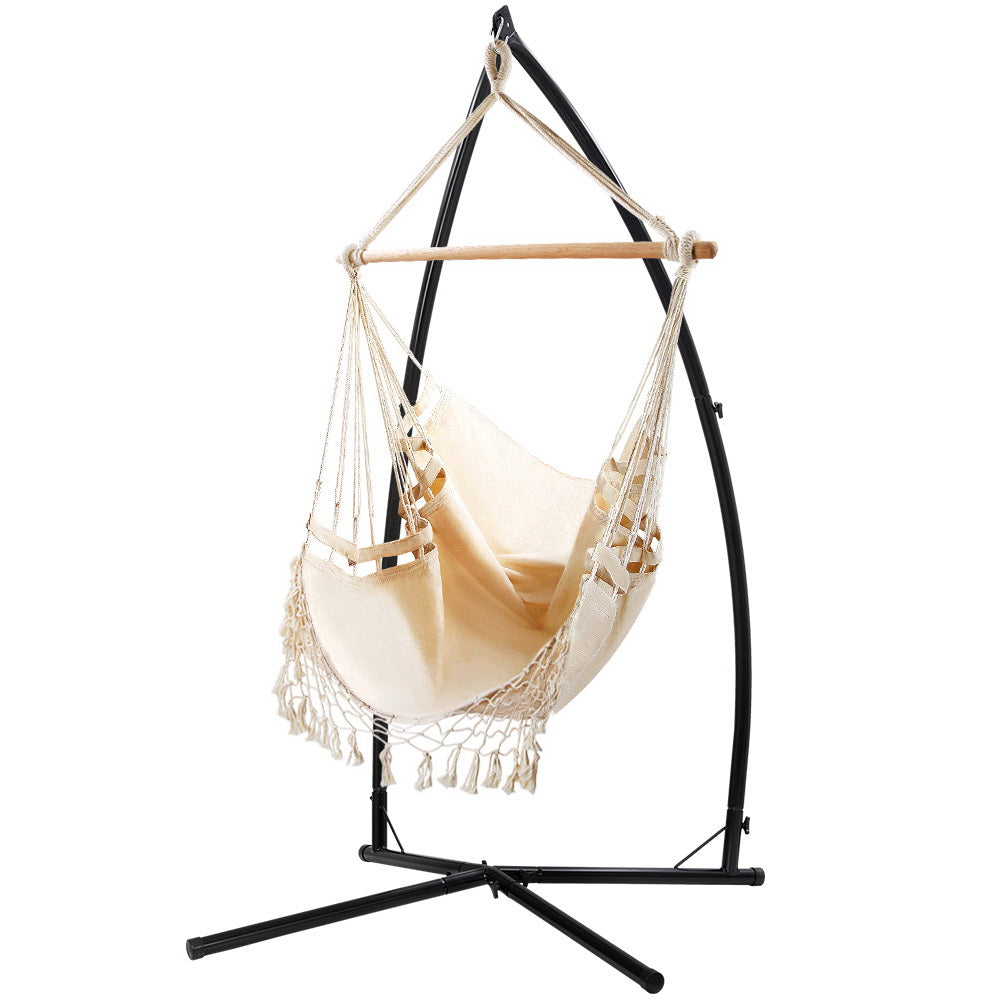 Outdoor Chairs: Gardeon Hammock Chair with Steel Stand Hanging Outdoor Tassel Cream