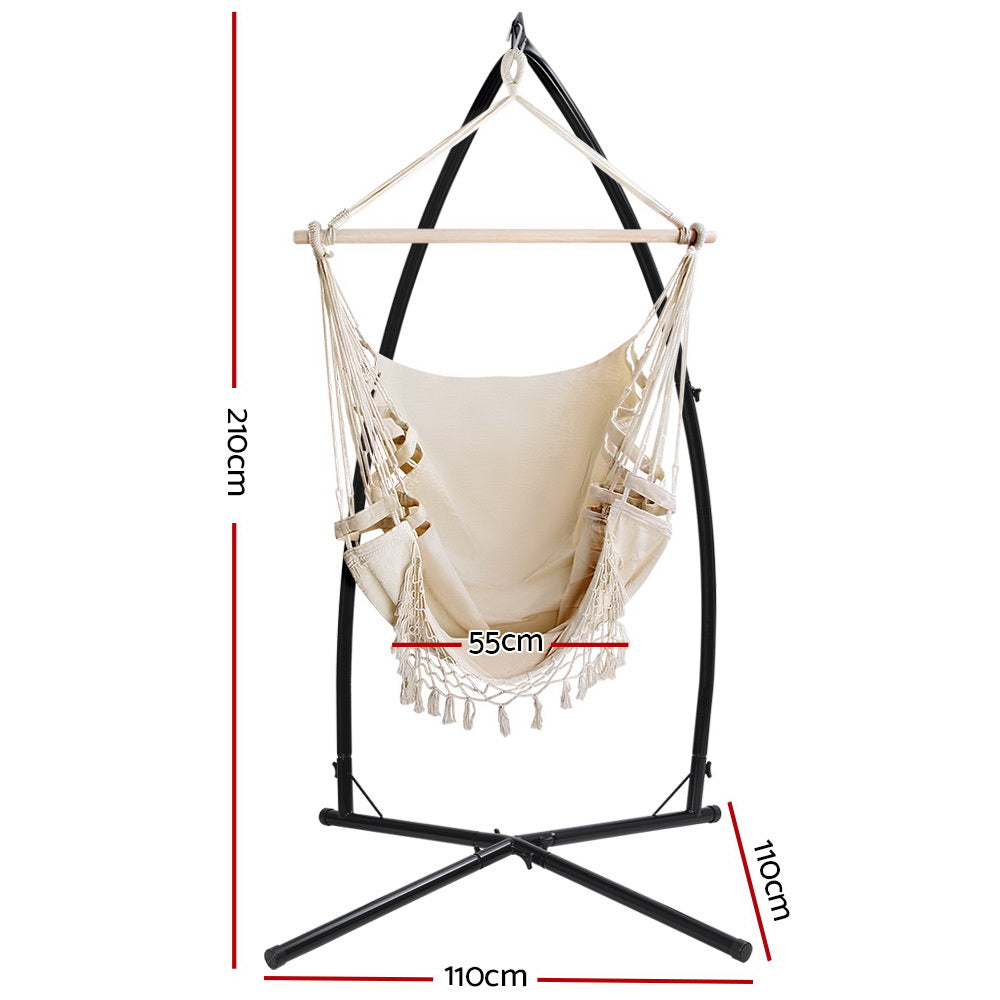 Outdoor Chairs: Gardeon Hammock Chair with Steel Stand Hanging Outdoor Tassel Cream