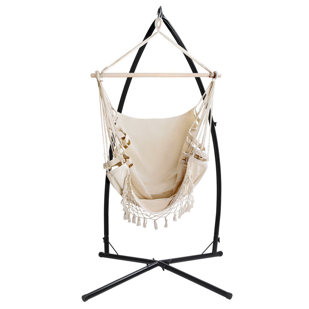 Outdoor Chairs: Gardeon Hammock Chair with Steel Stand Hanging Outdoor Tassel Cream