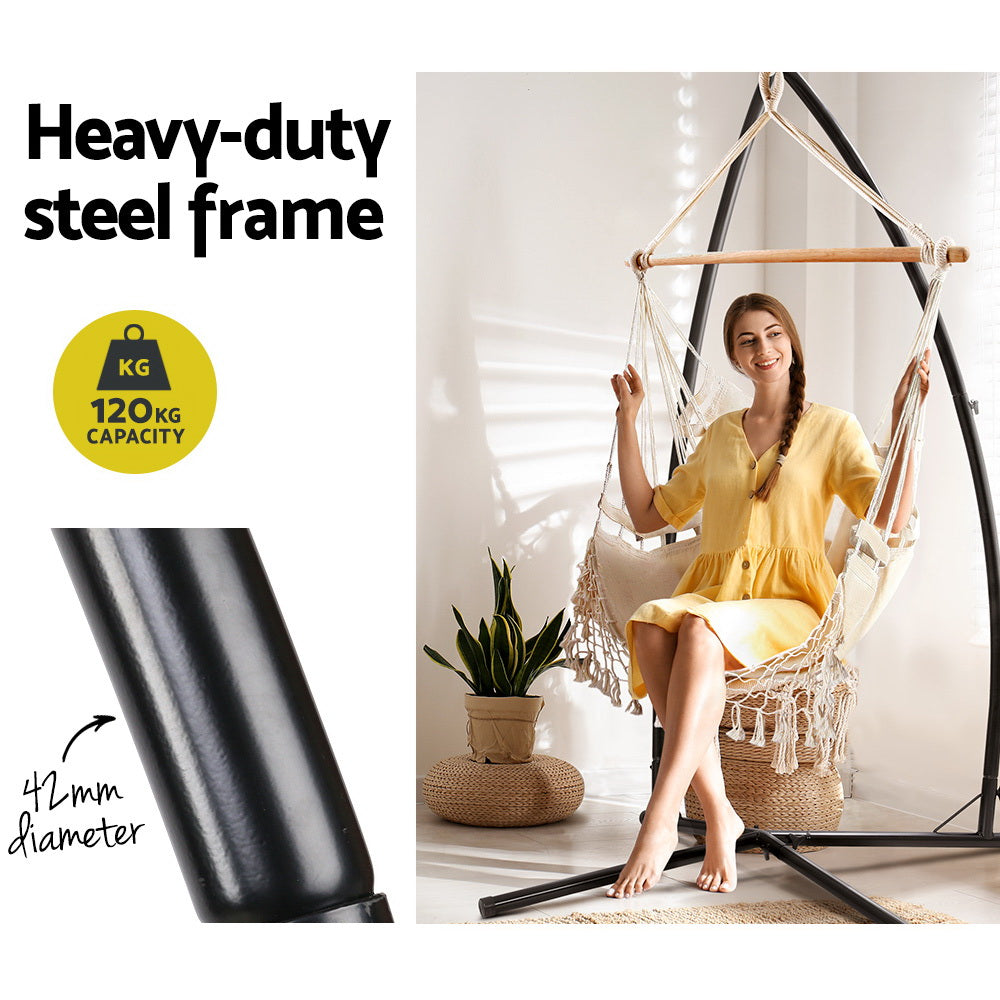 Outdoor Chairs: Gardeon Hammock Chair with Steel Stand Hanging Outdoor Tassel Cream