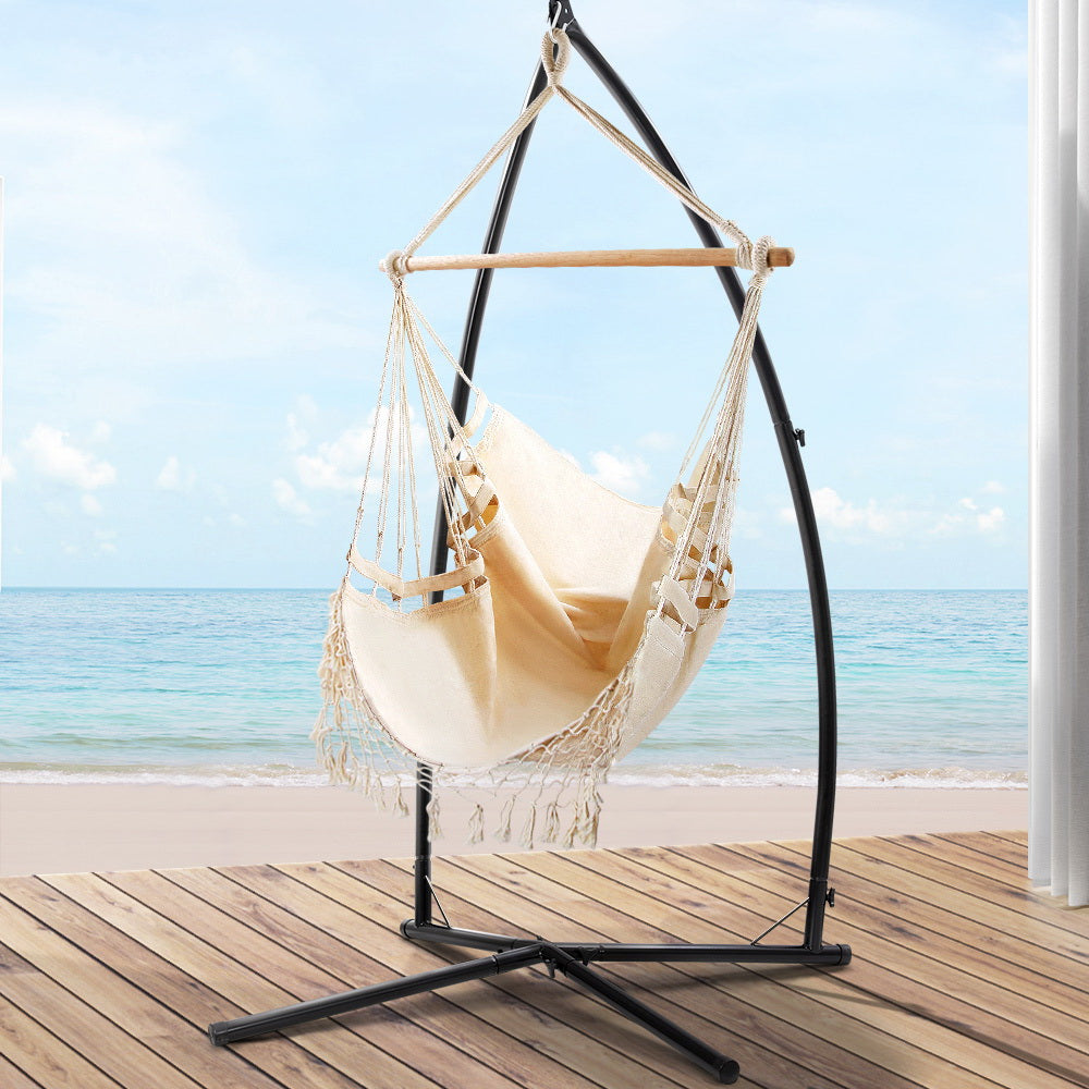 Outdoor Chairs: Gardeon Hammock Chair with Steel Stand Hanging Outdoor Tassel Cream