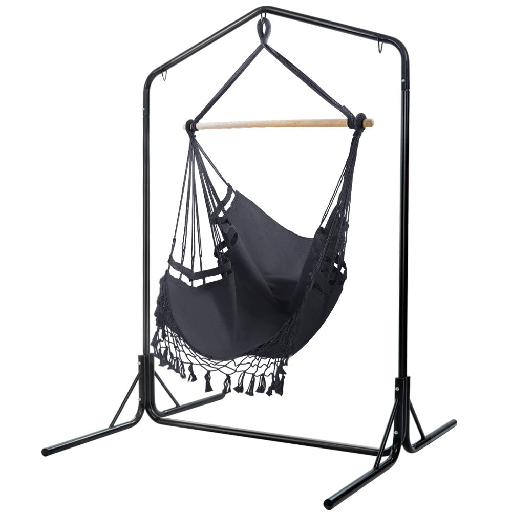 Outdoor Chairs: Gardeon Outdoor Hammock Chair with Stand Tassel Hanging Rope Hammocks Grey