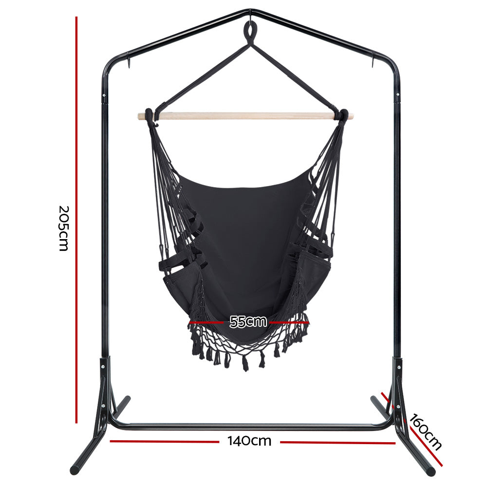 Outdoor Chairs: Gardeon Outdoor Hammock Chair with Stand Tassel Hanging Rope Hammocks Grey