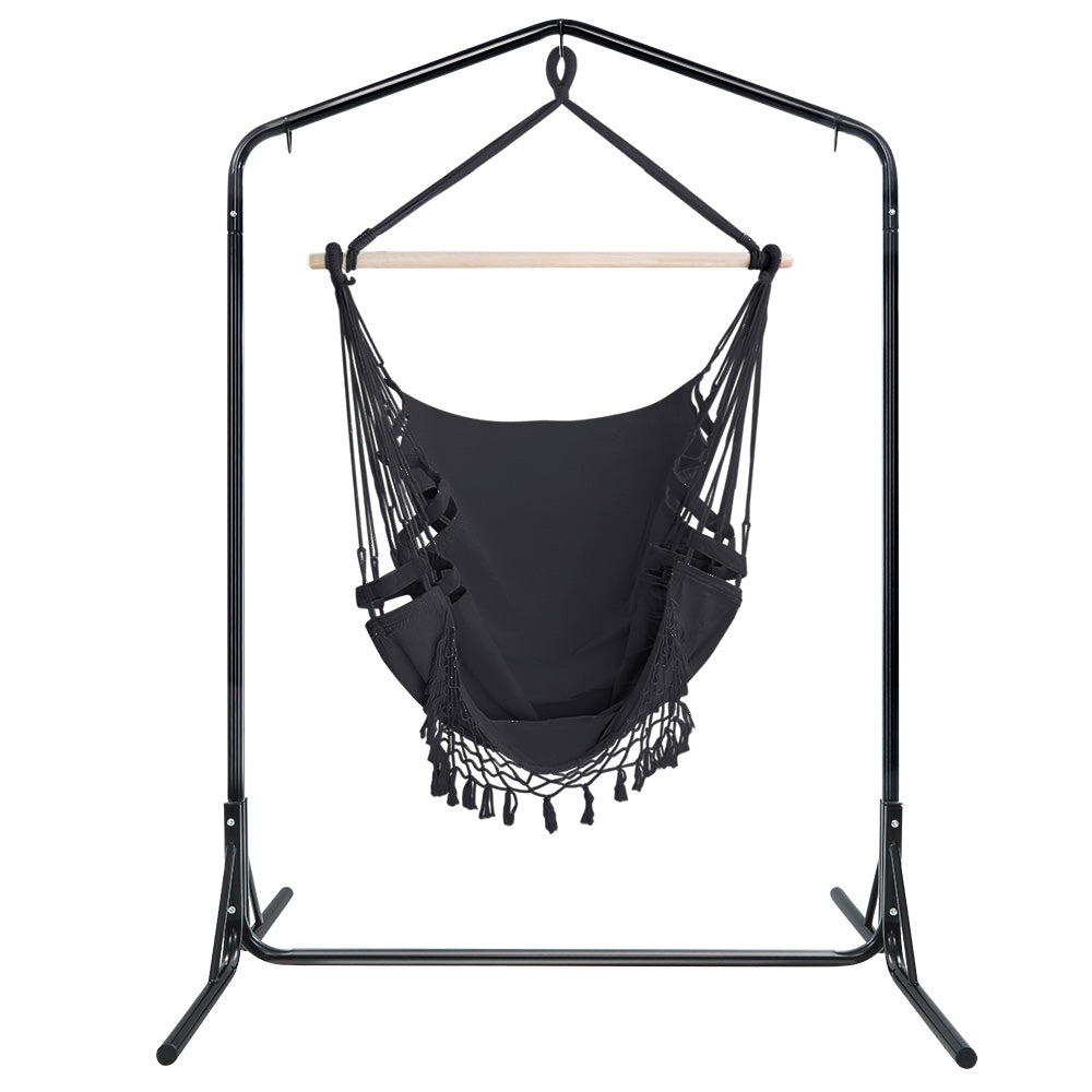 Outdoor Chairs: Gardeon Outdoor Hammock Chair with Stand Tassel Hanging Rope Hammocks Grey