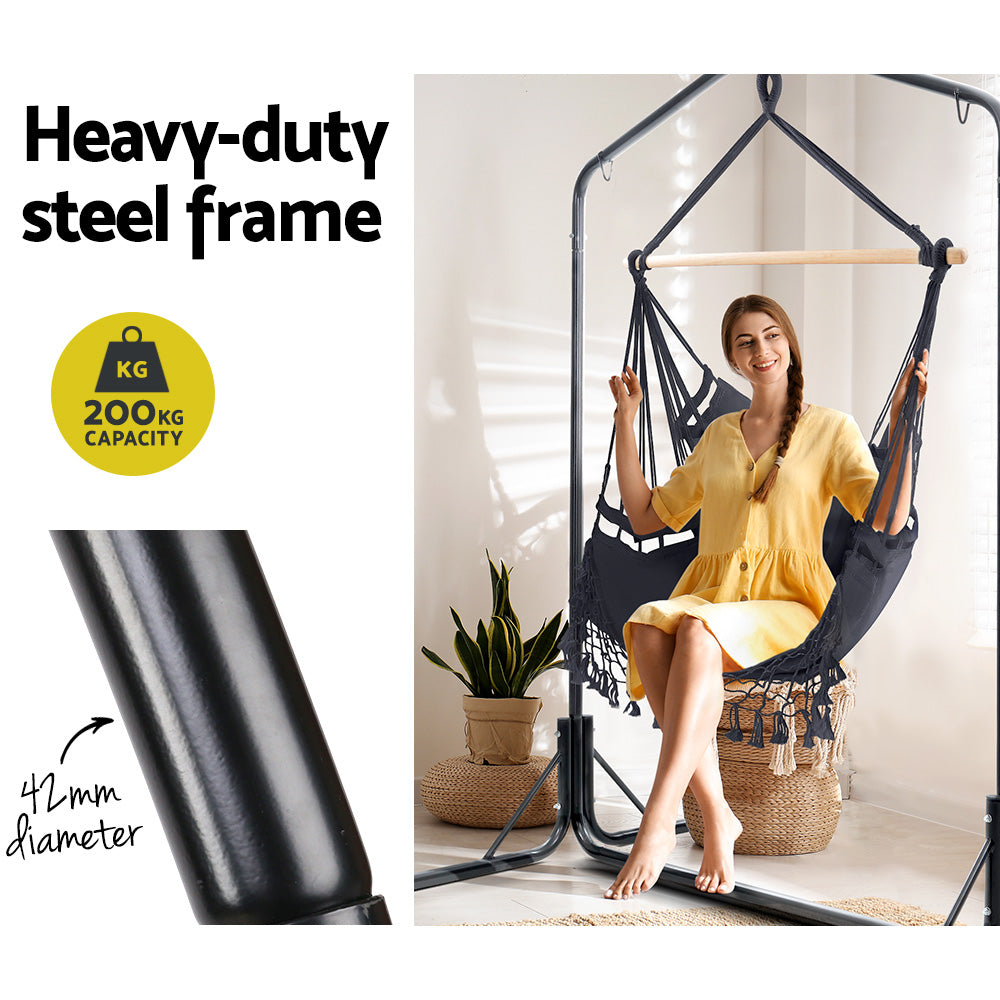 Outdoor Chairs: Gardeon Outdoor Hammock Chair with Stand Tassel Hanging Rope Hammocks Grey