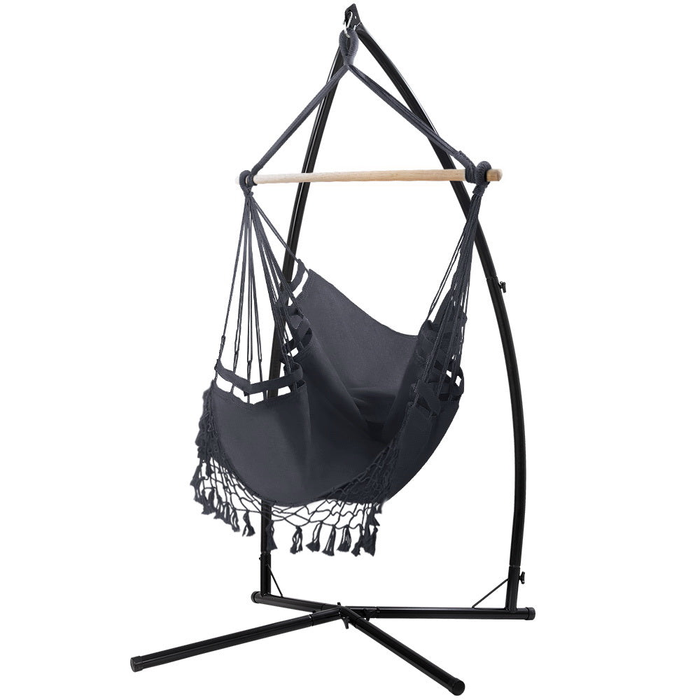 Outdoor Chairs: Gardeon Hammock Chair with Steel Stand Hanging Outdoor Tassel Grey
