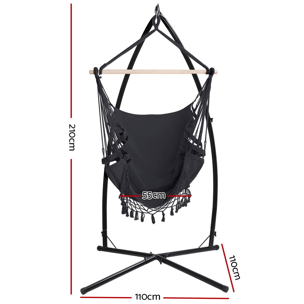 Outdoor Chairs: Gardeon Hammock Chair with Steel Stand Hanging Outdoor Tassel Grey