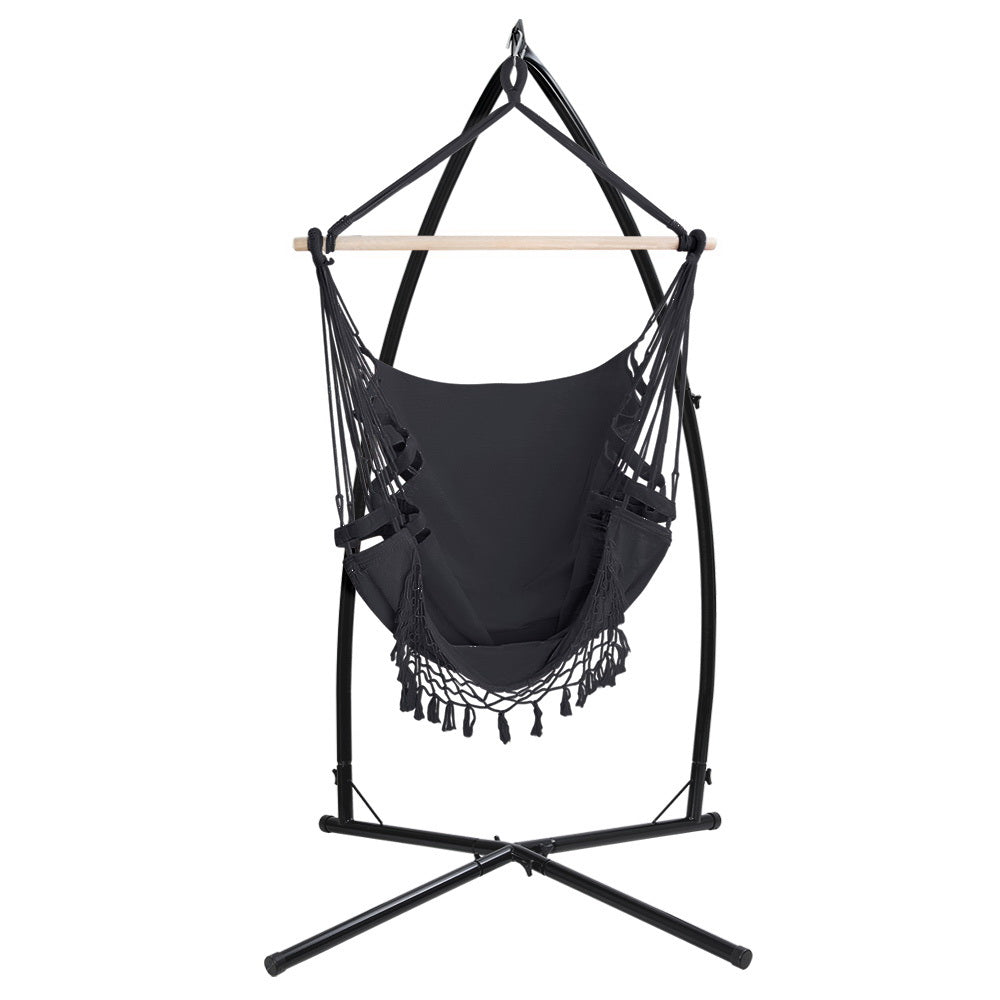 Outdoor Chairs: Gardeon Hammock Chair with Steel Stand Hanging Outdoor Tassel Grey