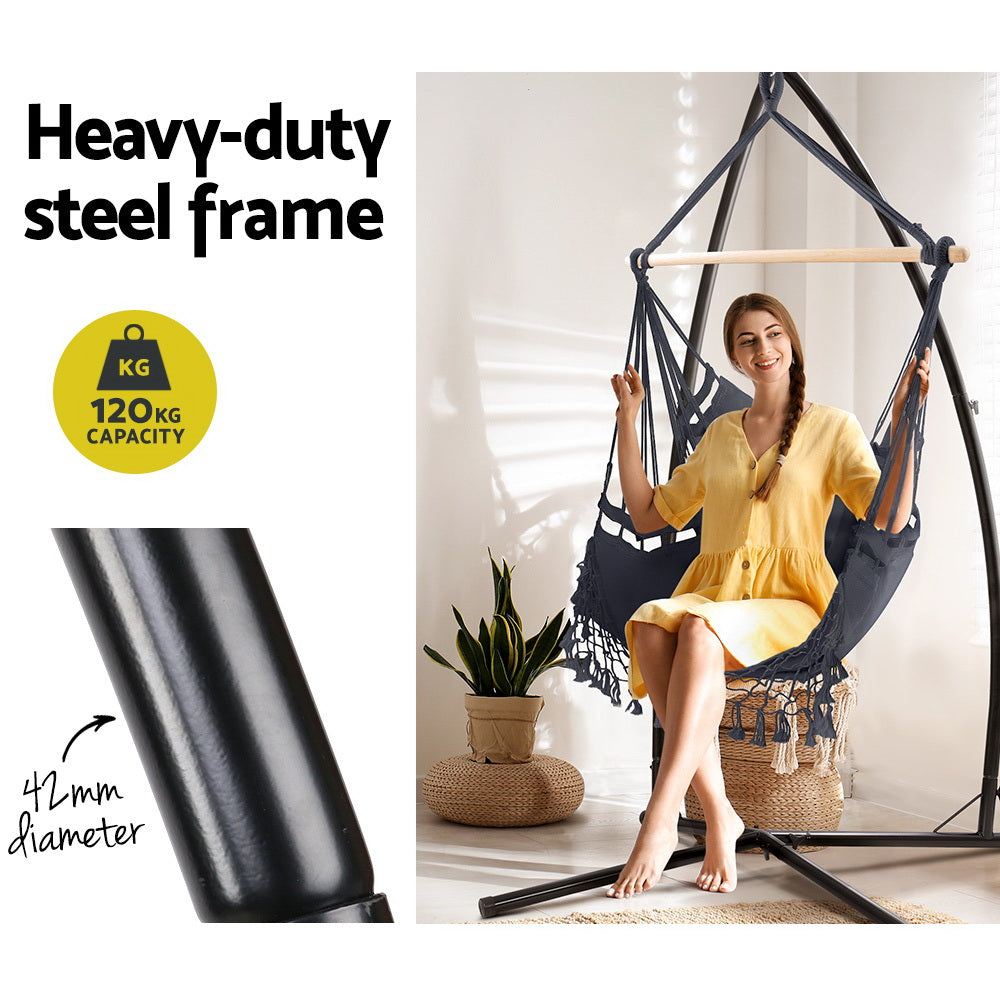 Outdoor Chairs: Gardeon Hammock Chair with Steel Stand Hanging Outdoor Tassel Grey
