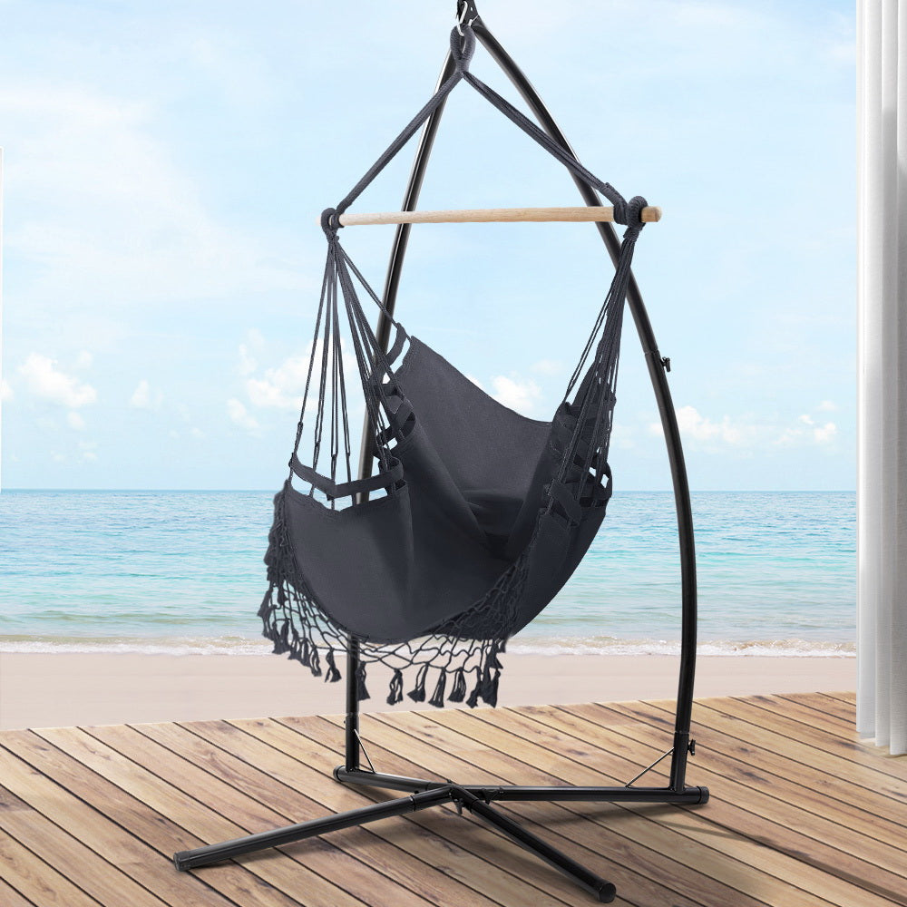 Outdoor Chairs: Gardeon Hammock Chair with Steel Stand Hanging Outdoor Tassel Grey