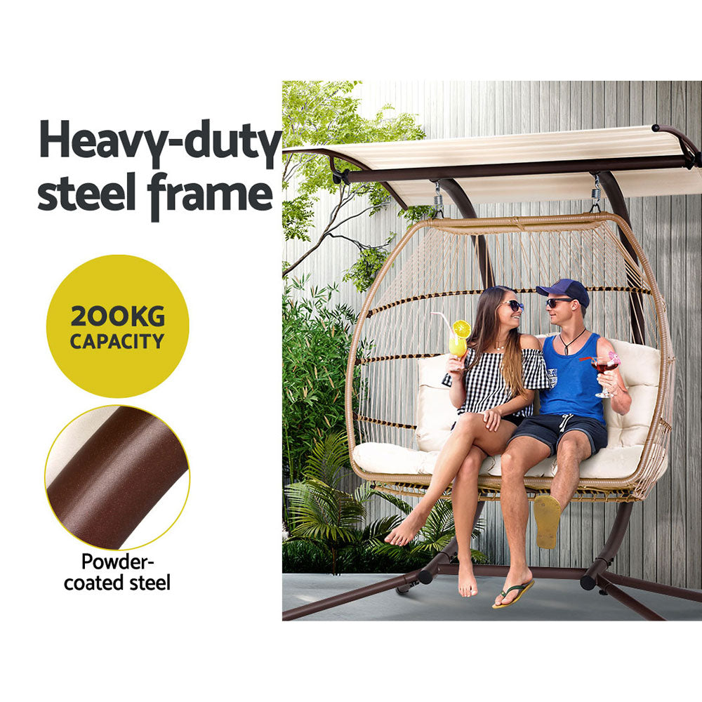 Outdoor Chairs: Gardeon Outdoor Egg Swing Chair Wicker Furniture Pod Stand Canopy 2 Seater Latte