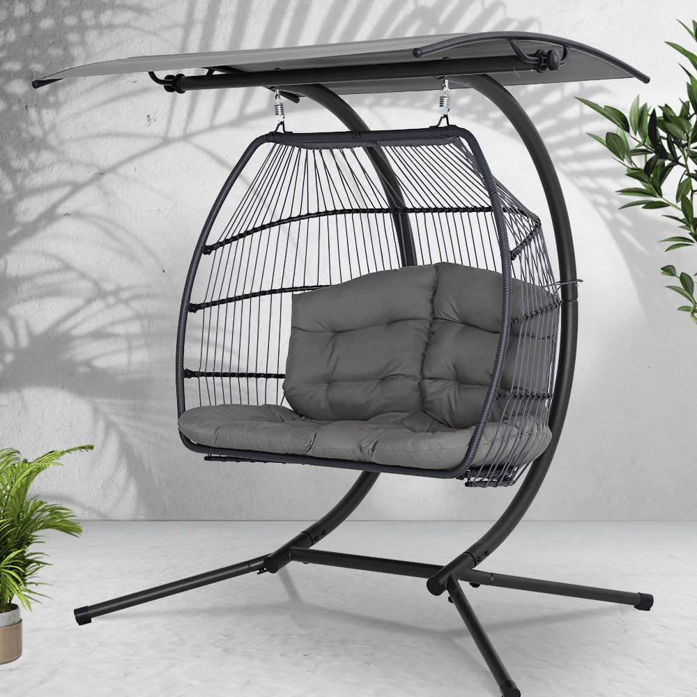 Outdoor Chairs: Gardeon Outdoor Egg Swing Chair Wicker Furniture Pod Stand Canopy 2 Seater Grey