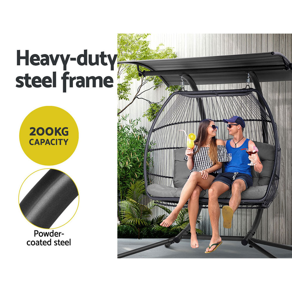 Outdoor Chairs: Gardeon Outdoor Egg Swing Chair Wicker Furniture Pod Stand Canopy 2 Seater Grey