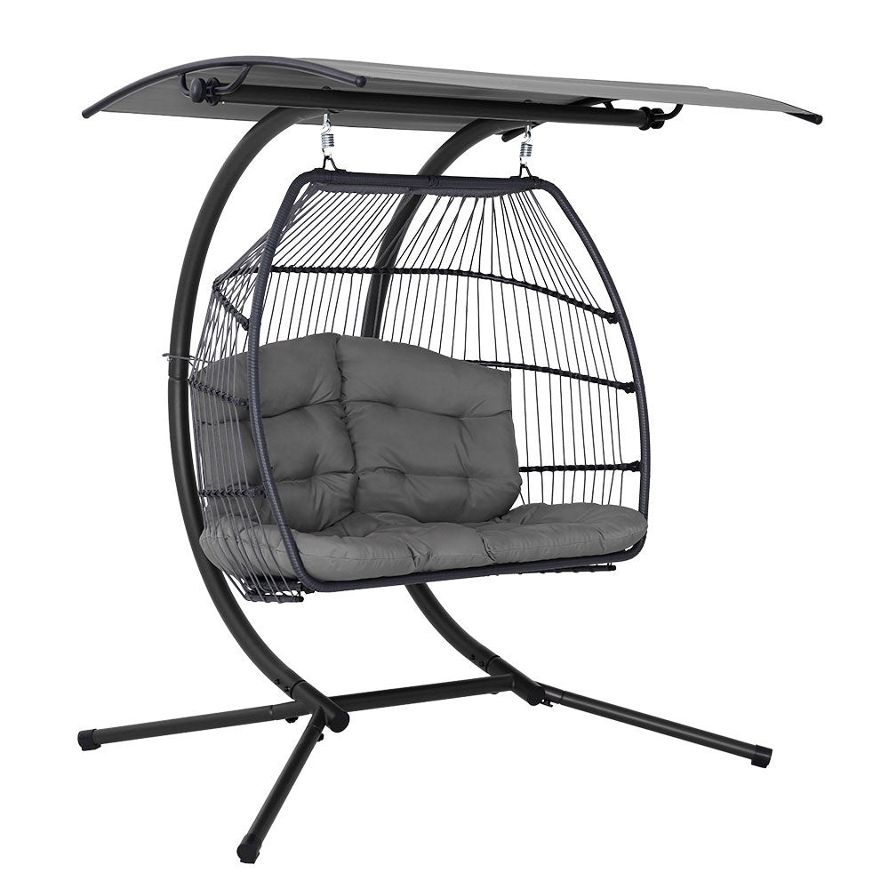 Outdoor Chairs: Gardeon Outdoor Egg Swing Chair Wicker Furniture Pod Stand Canopy 2 Seater Grey