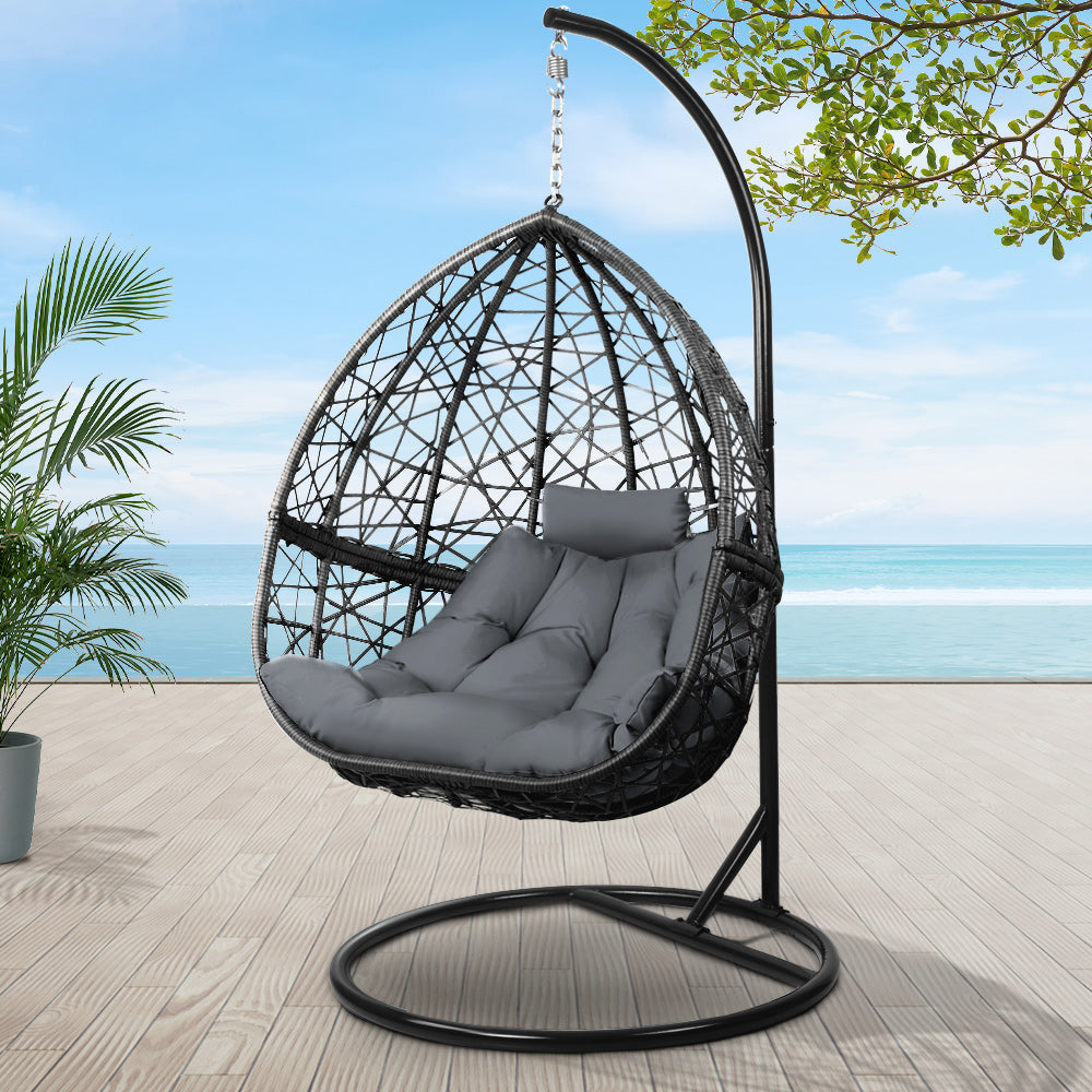 Outdoor Chairs: Gardeon Outdoor Egg Swing Chair Wicker Rattan Furniture Pod Stand Cushion Grey