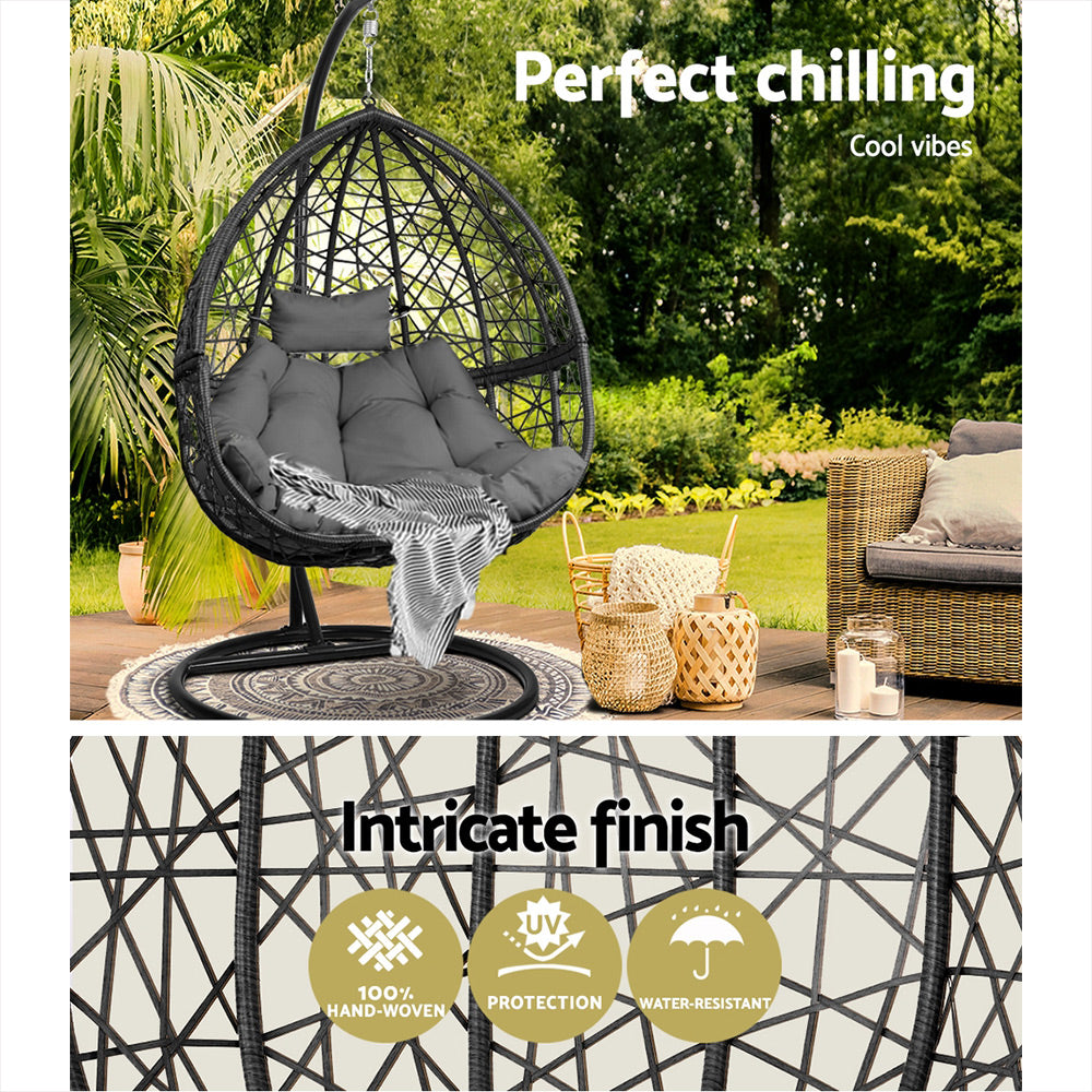 Outdoor Chairs: Gardeon Outdoor Egg Swing Chair Wicker Rattan Furniture Pod Stand Cushion Grey