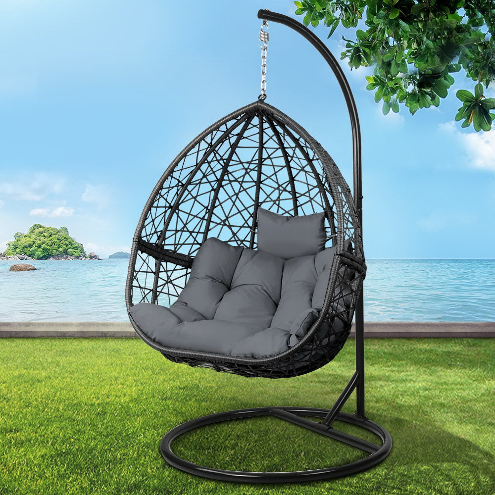 Outdoor Chairs: Gardeon Outdoor Egg Swing Chair Wicker Rattan Furniture Pod Stand Cushion Grey