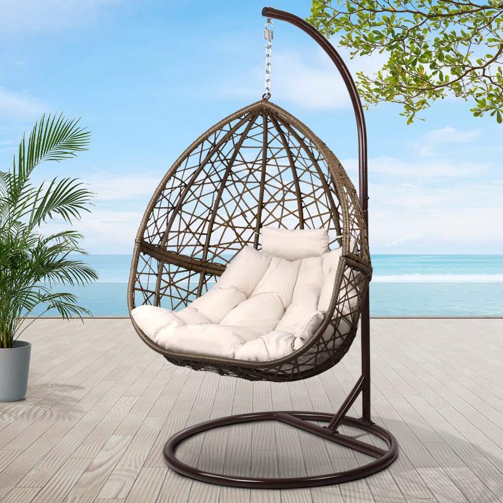 Outdoor Chairs: Gardeon Outdoor Egg Swing Chair Wicker Rattan Furniture Pod Stand Cushion Latte