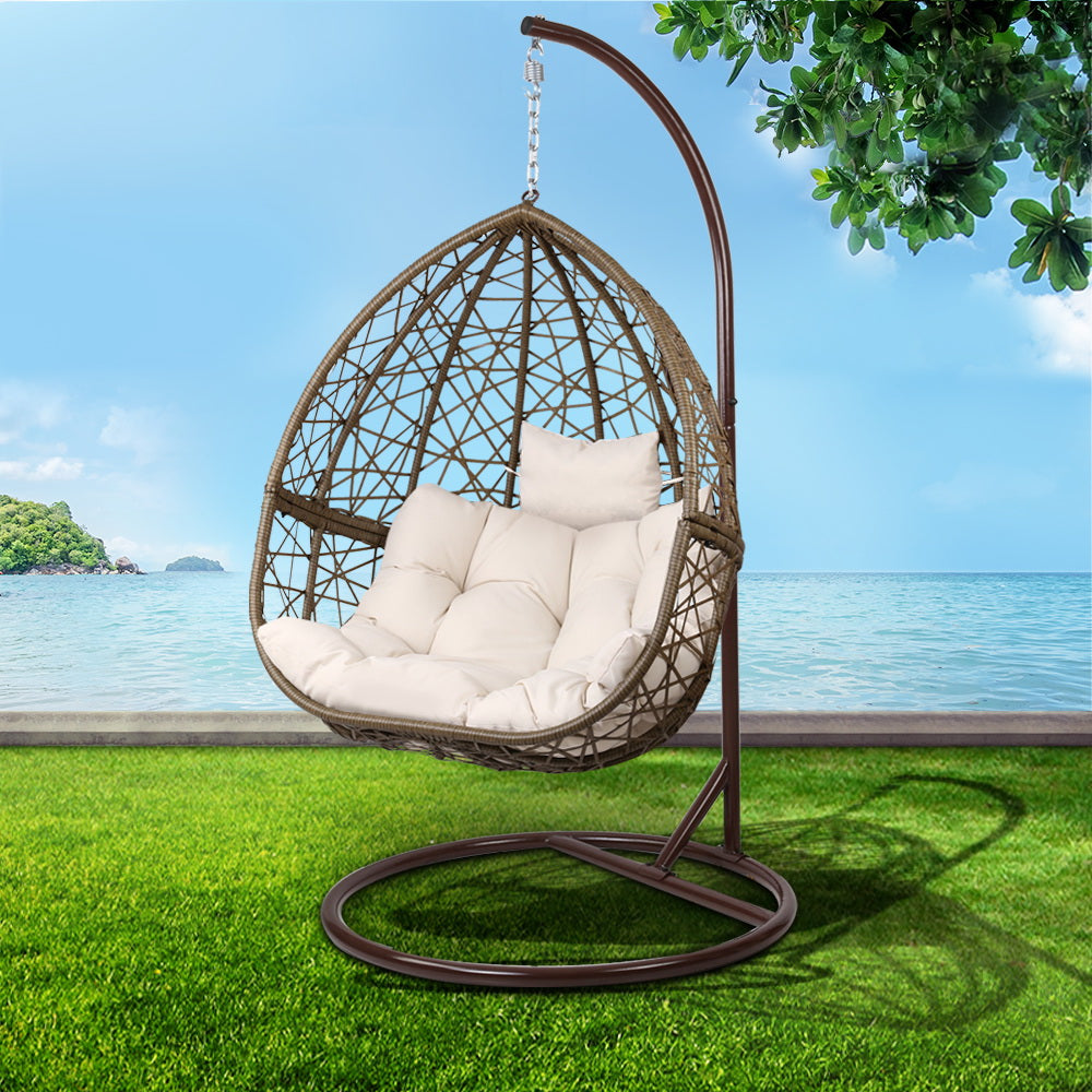Outdoor Chairs: Gardeon Outdoor Egg Swing Chair Wicker Rattan Furniture Pod Stand Cushion Latte