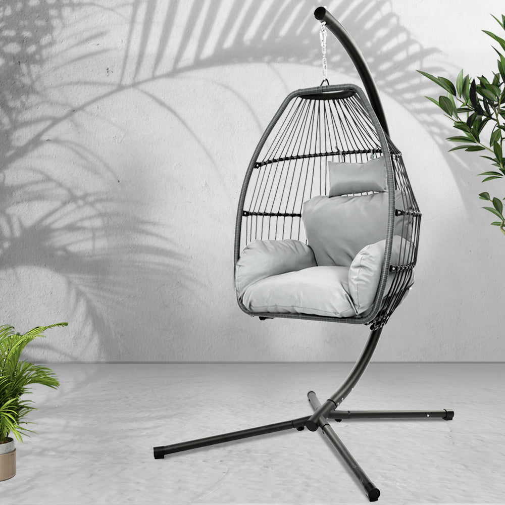 Outdoor Chairs: Gardeon Outdoor Egg Swing Chair Wicker Rope Furniture Pod Stand Cushion Grey