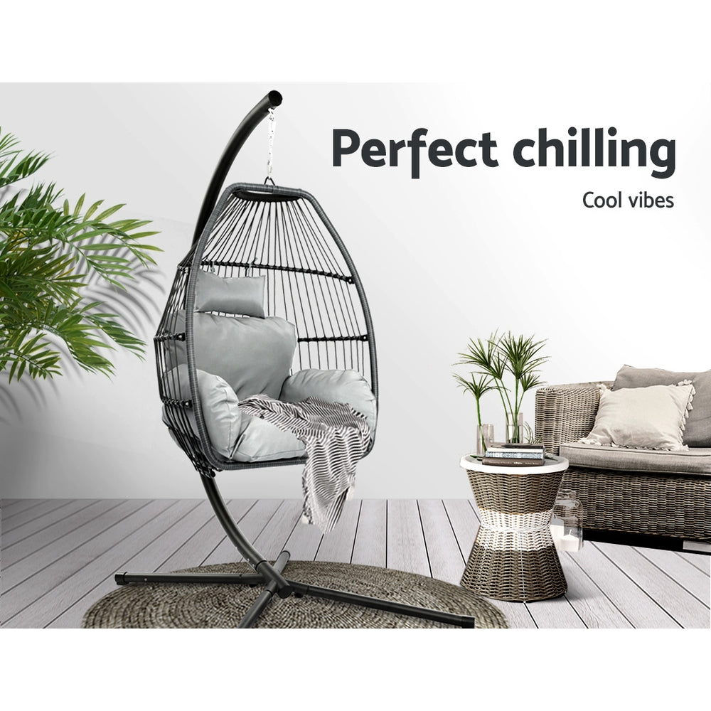 Outdoor Chairs: Gardeon Outdoor Egg Swing Chair Wicker Rope Furniture Pod Stand Cushion Grey